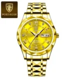 POEDAGAR 615 Luxury Fashion Luminous Date & Day Quartz Men's Watch – Premium Stainless Steel Waterproof Wristwatch (Gold)