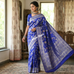 অভিজাত রয়্যাল ব্লু কাতান শাড়ি কম্বো সেট - Image 3